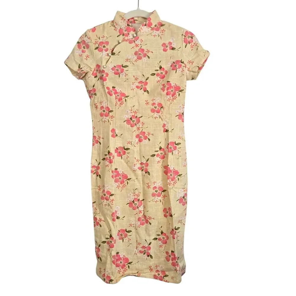 Authentic Chinese Qipao Floral Linen Blend Mandarin Collar Cottagecore Dress L
